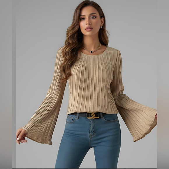 Gold Pleated Bell Sleeve Blouse - Picture 2 of 10